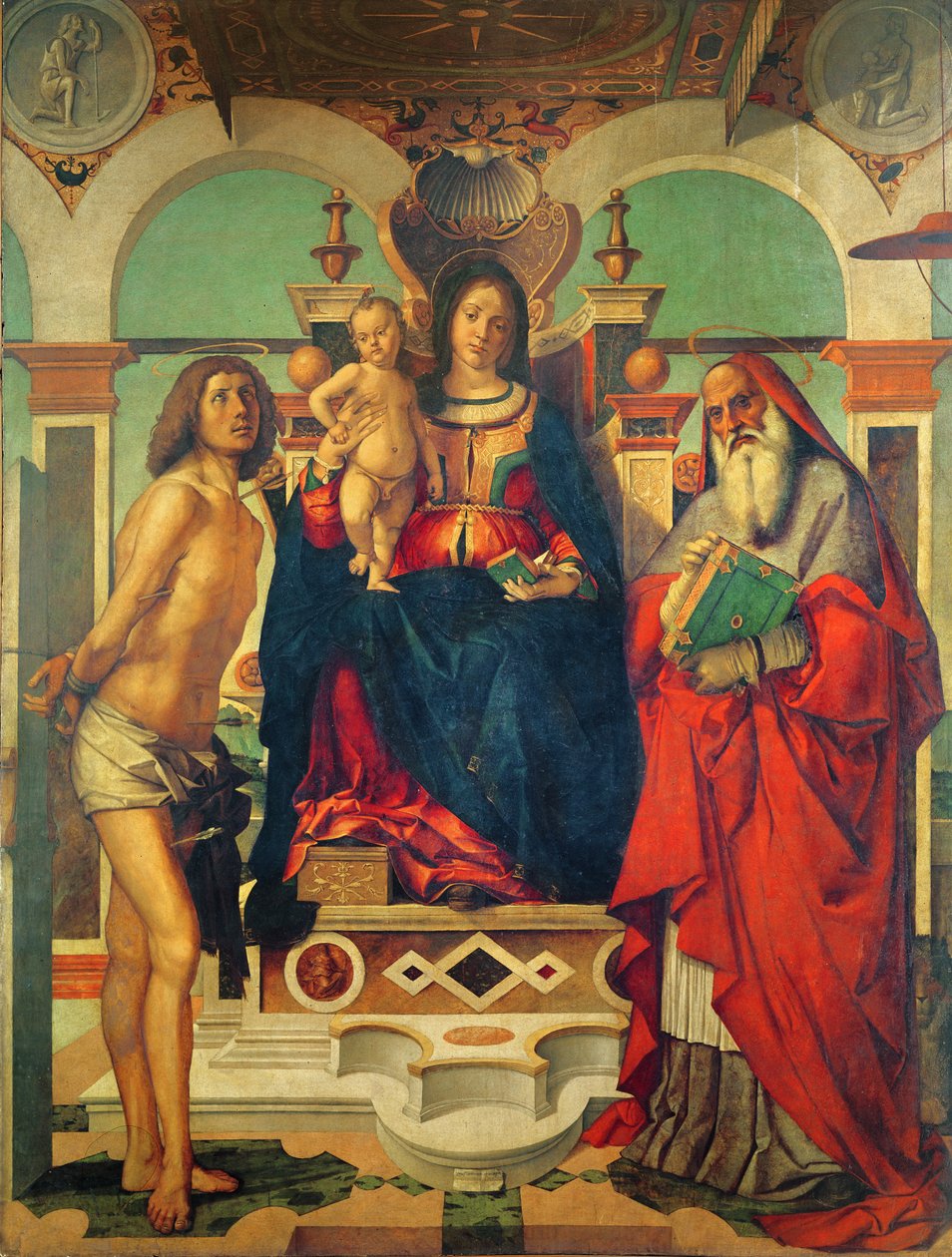 Madonna and Child tronede med Saint Jerome og Saint Sebastian af Andrea Mantegna
