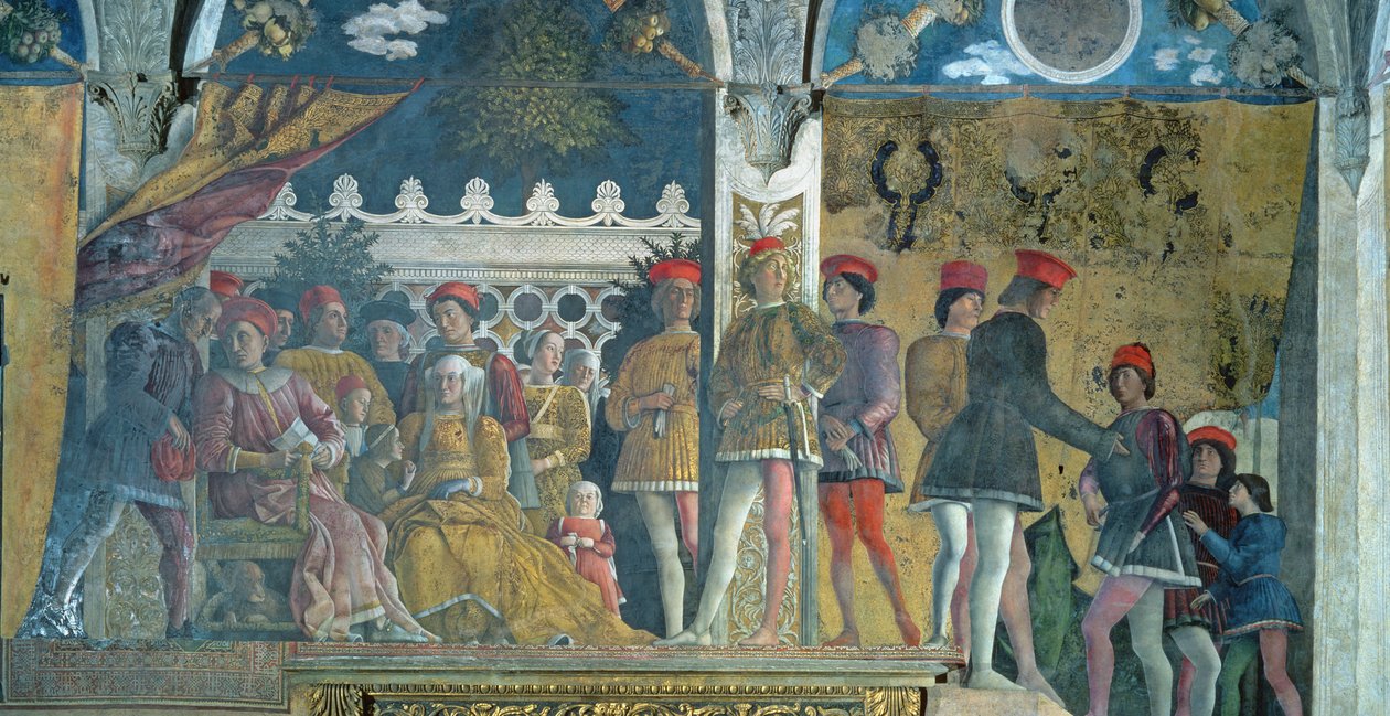 Marchese Ludovico Gonzaga III, hans kone Barbara af Brandenburg, deres børn, hoffolk og deres hund Rubino, fra Camera degli Sposi eller Camera Picta, 1465-74 af Andrea Mantegna