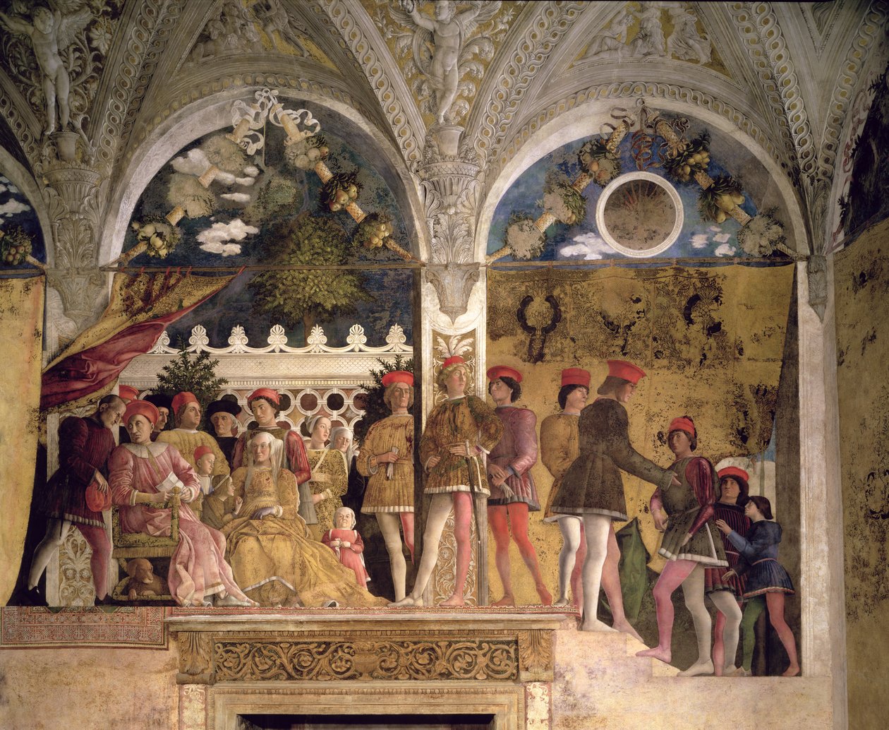 Marchese Ludovico Gonzaga III af Mantua (reg. 1444-78), hans kone Barbara af Brandenburg, børn, hoffolk og deres hund Rubino, fra Camera degli Sposi eller Camera Picta, 1465-74 (detaljeret af Andrea Mantegna