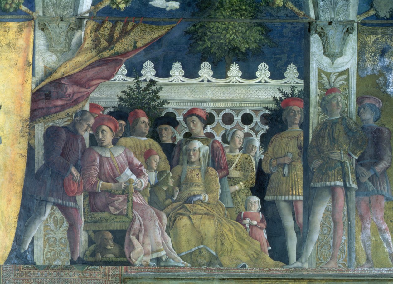 Marchese Ludovico Gonzaga III af Mantua (regerede 1444-78), hans kone Barbara af Brandenburg, børn, hoffolk og deres hund Rubino, fra Camera degli Sposi eller Camera Picta, 1465-74 (det af Andrea Mantegna
