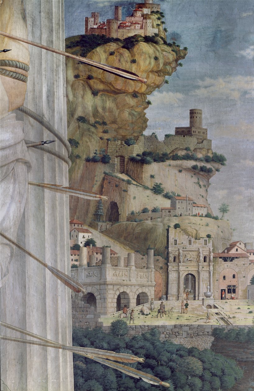 St. Sebastian, detalje af landskabet, 1481 af Andrea Mantegna