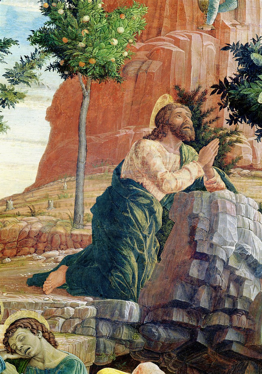 The Agony in the Garden, venstrehånds predella-panel fra altertavlen af St. Zeno af Verona, 1456-60 (detalje af 214241) af Andrea Mantegna