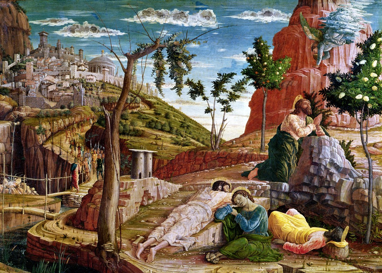 Kvalen i haven, venstrehånds predella-panel fra altertavlen af St. Zeno af Verona, 1456-60 af Andrea Mantegna
