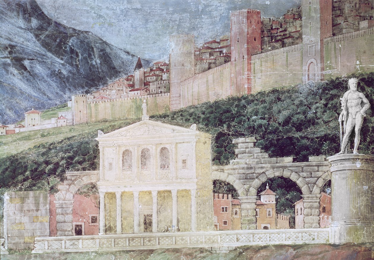 Kardinal Francesco Gonzagas ankomst, detalje af baggrunden med et idealiseret billede af Rom, ca. 1465-74 (detalje af 78457, 78449) af Andrea Mantegna