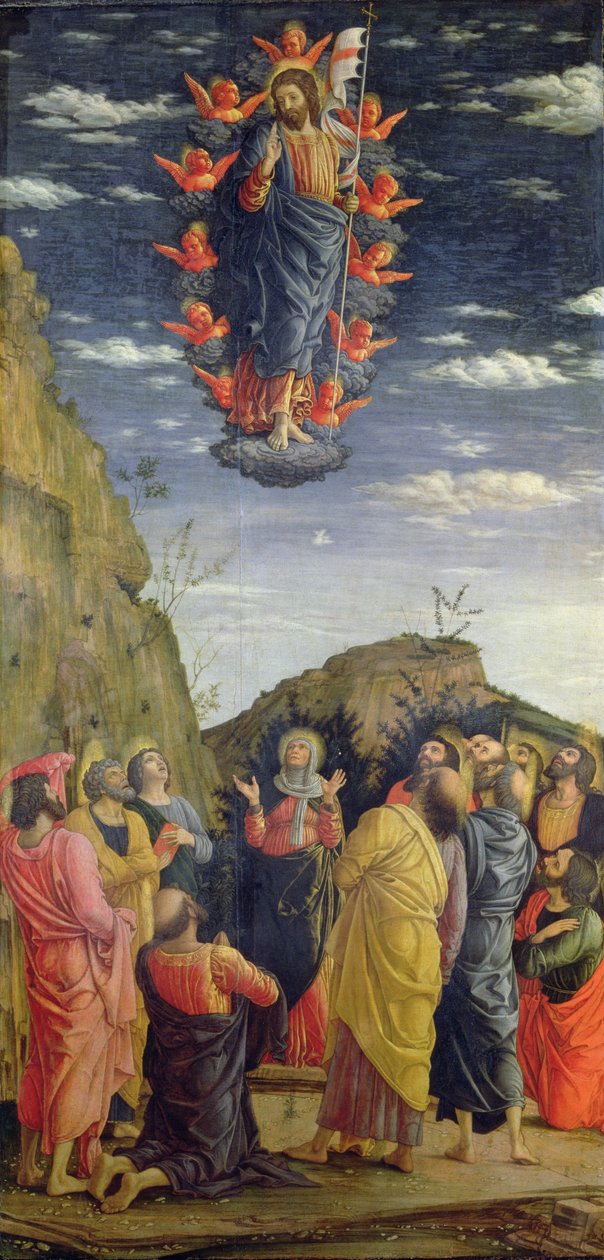 Ascension, venstre panel fra altertavlen, ca. 1466 (tempera på panel) (se også 50042) af Andrea Mantegna