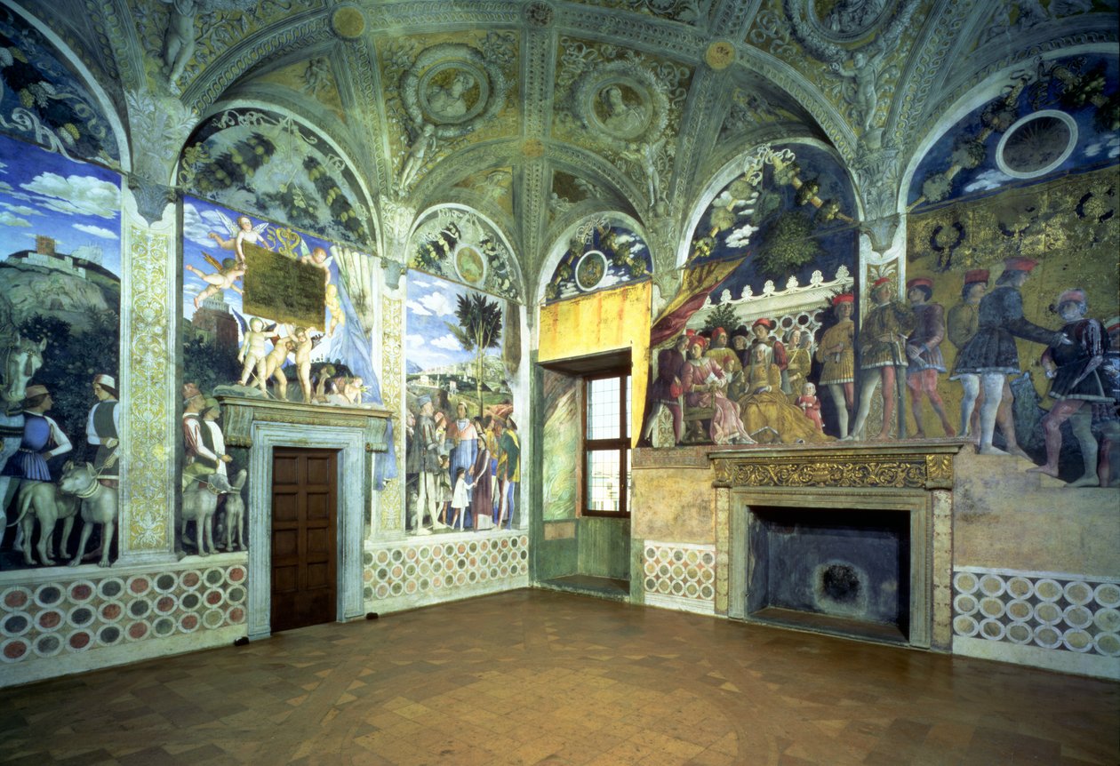 Camera degli Sposi eller Camera Picta med scener fra hoffet i Mantua, der viser Marchese Ludovico Gonzaga III og hans kone Barbara af Brandenburg, deres børn, hoffolk og dyr, 1465- af Andrea Mantegna