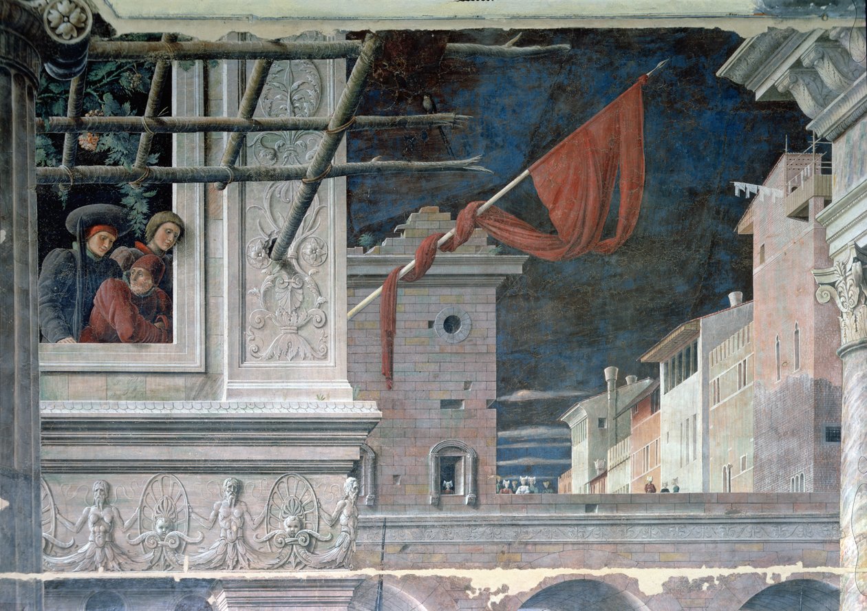 The Martyrium of St. Christopher, detalje af bygningerne, c.1450-56 af Andrea Mantegna