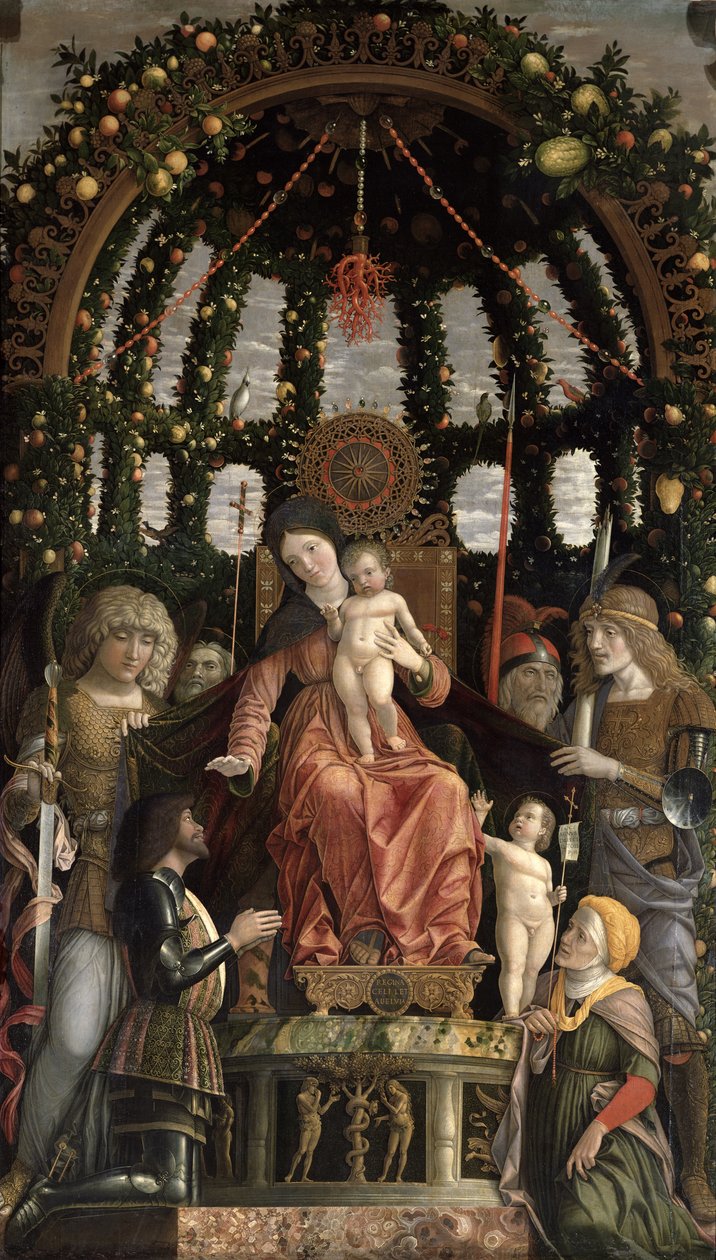 Sejrens jomfru eller Madonnaen og barnet tronet med seks hellige og tilbedt af Gian-Francesco II Gonzaga, bestilt i 1495 af Andrea Mantegna