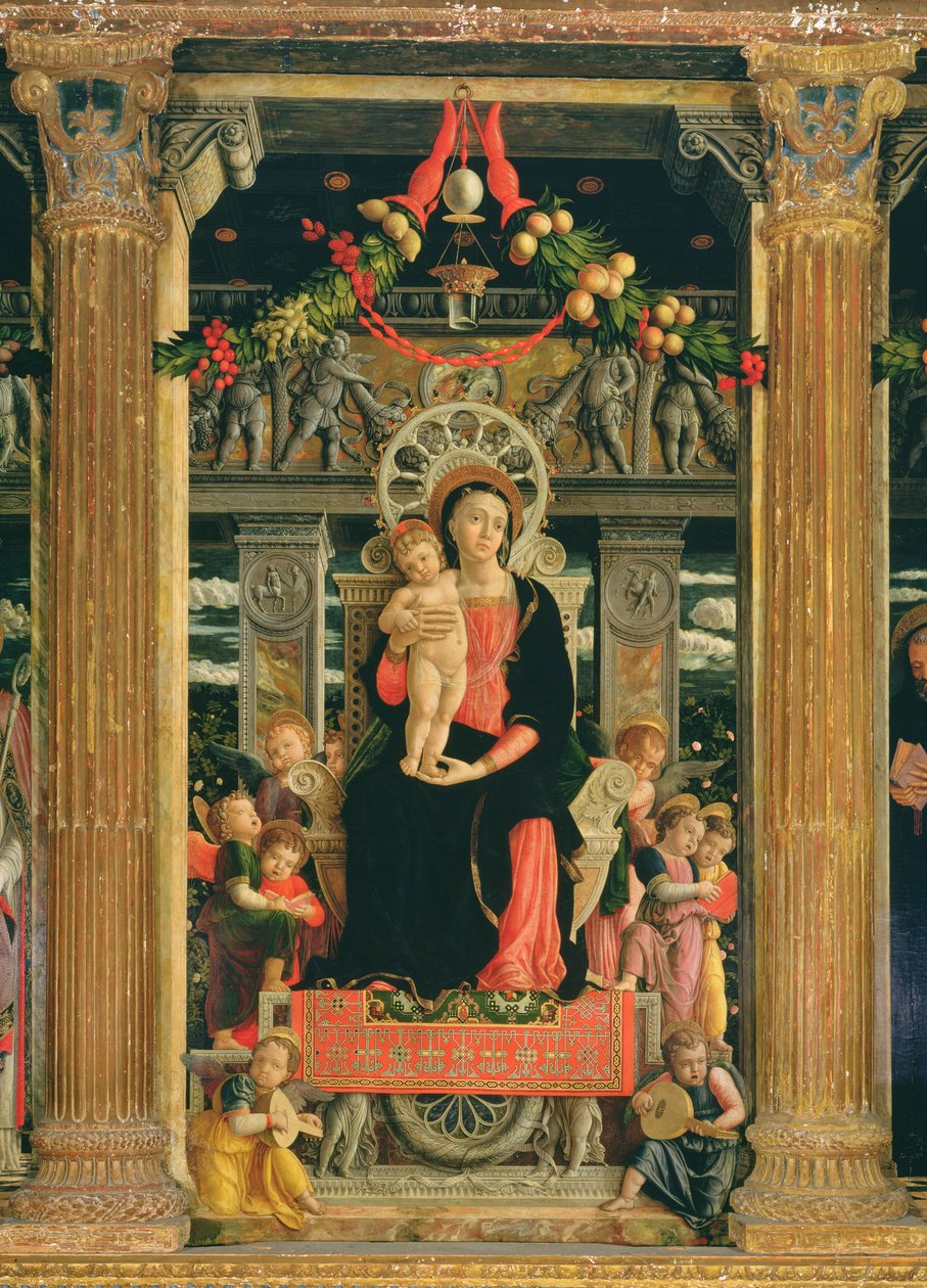 Jomfru og barn med engle, midterpanel fra altertavlen af St. Zeno af Verona, 1456-60 (detaljer fra 214237) af Andrea Mantegna