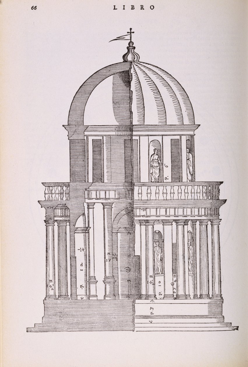 Højde og tværsnit af Temple of Jupiter Stator, illustration fra en faksimilekopi af 