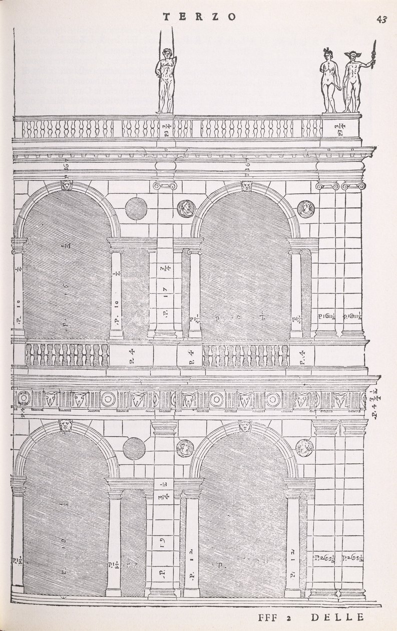 Højdedetalje af basilikaen i Vicenza, illustration fra en faksimilekopi af I Quattro Libri dellArchitettura skrevet af Palladio, oprindeligt udgivet 1570 af Andrea Palladio
