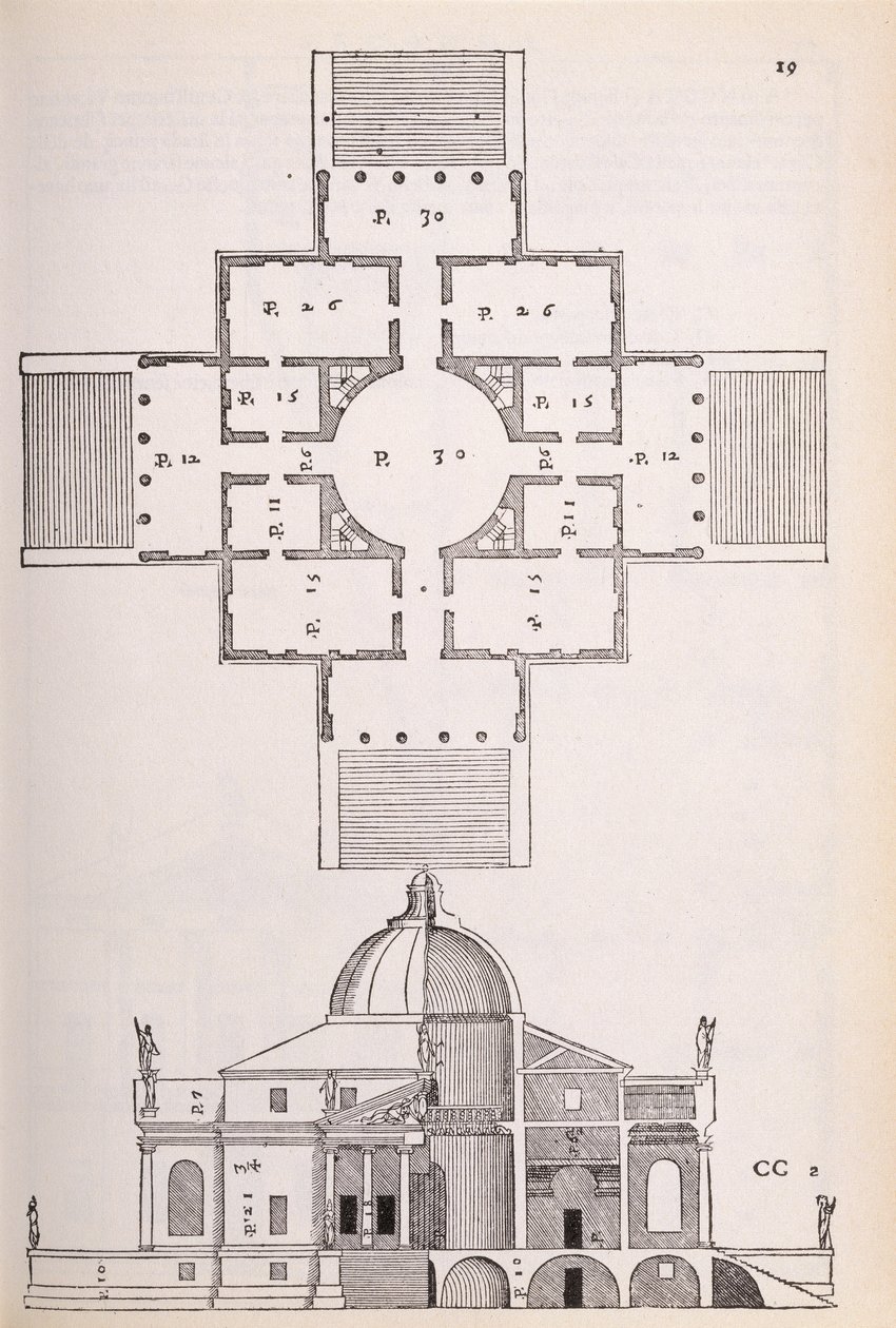 Plan og tværsnit af Villa Rotunda, illustration fra en faksimilekopi af 