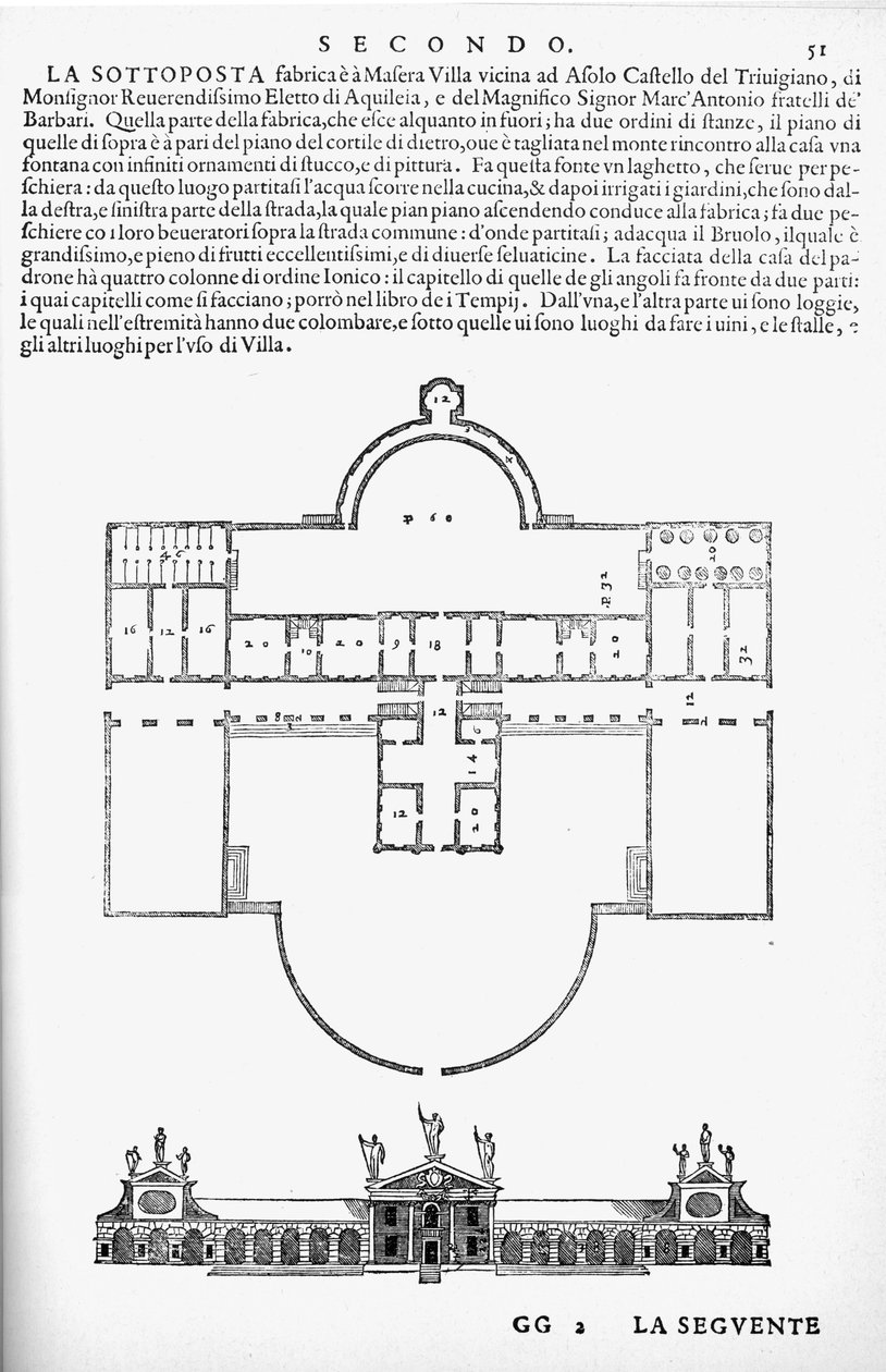 Plan og opstalt af Villa Barbaro, Maser, illustration fra en faksimilekopi af 