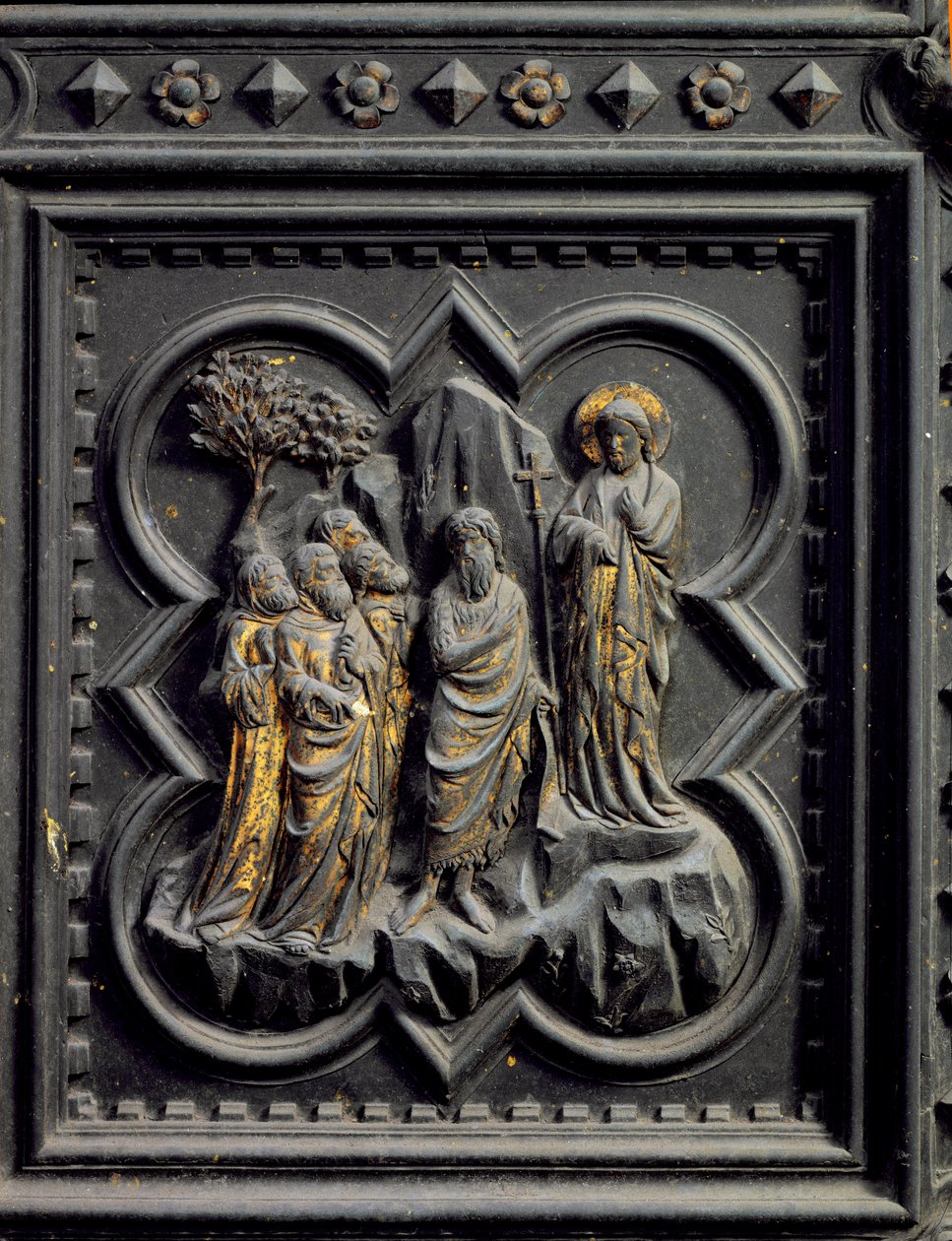 Johannes Døberen bekendtgør Kristus, ottende panel af syddørene til dåbskapellet San Giovanni, 1336 (bronze) af Andrea Pisano