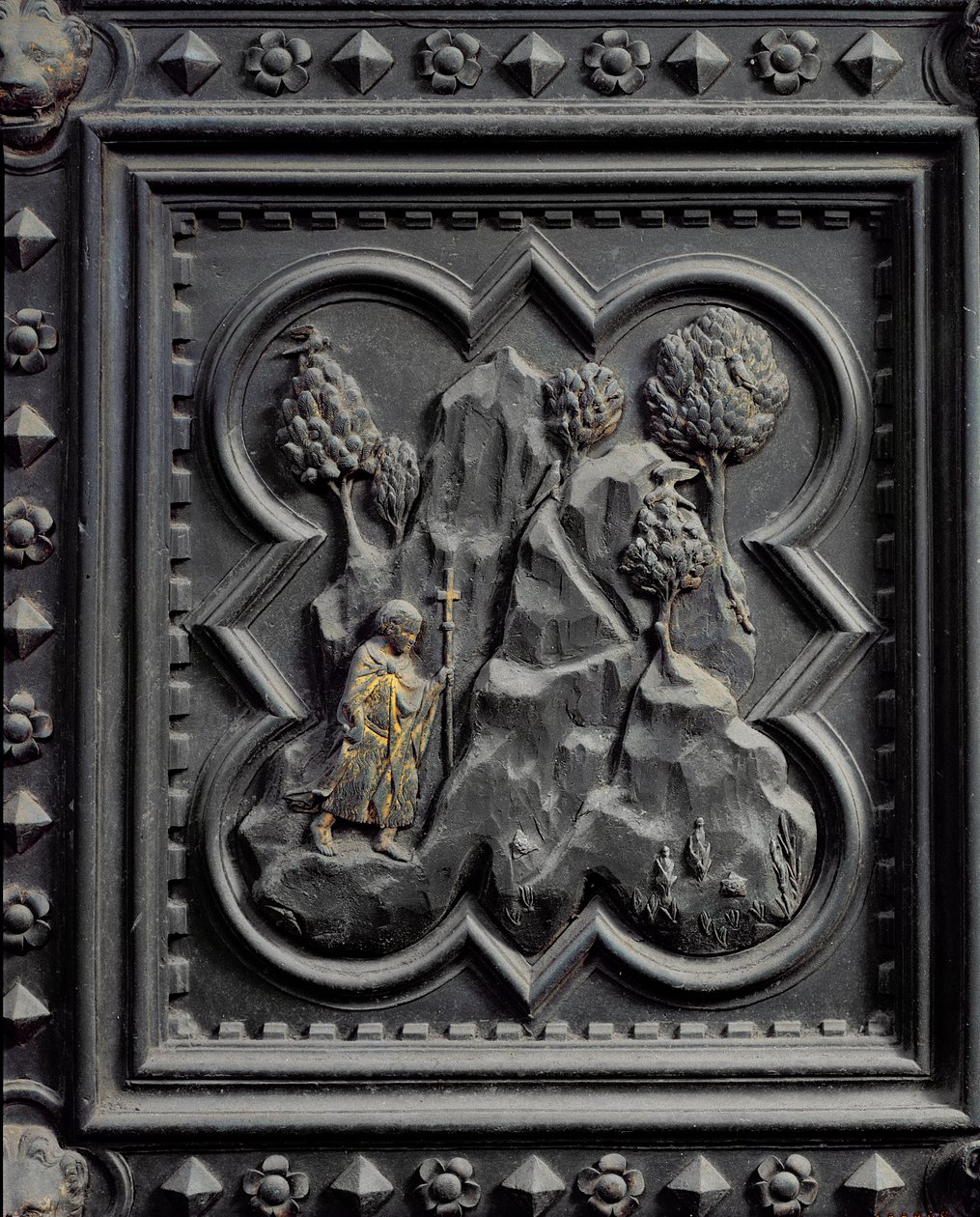 Johannes Døberen som en dreng i ørkenen, sjette panel af syddørene til dåbskapellet San Giovanni, 1336 (bronze) af Andrea Pisano
