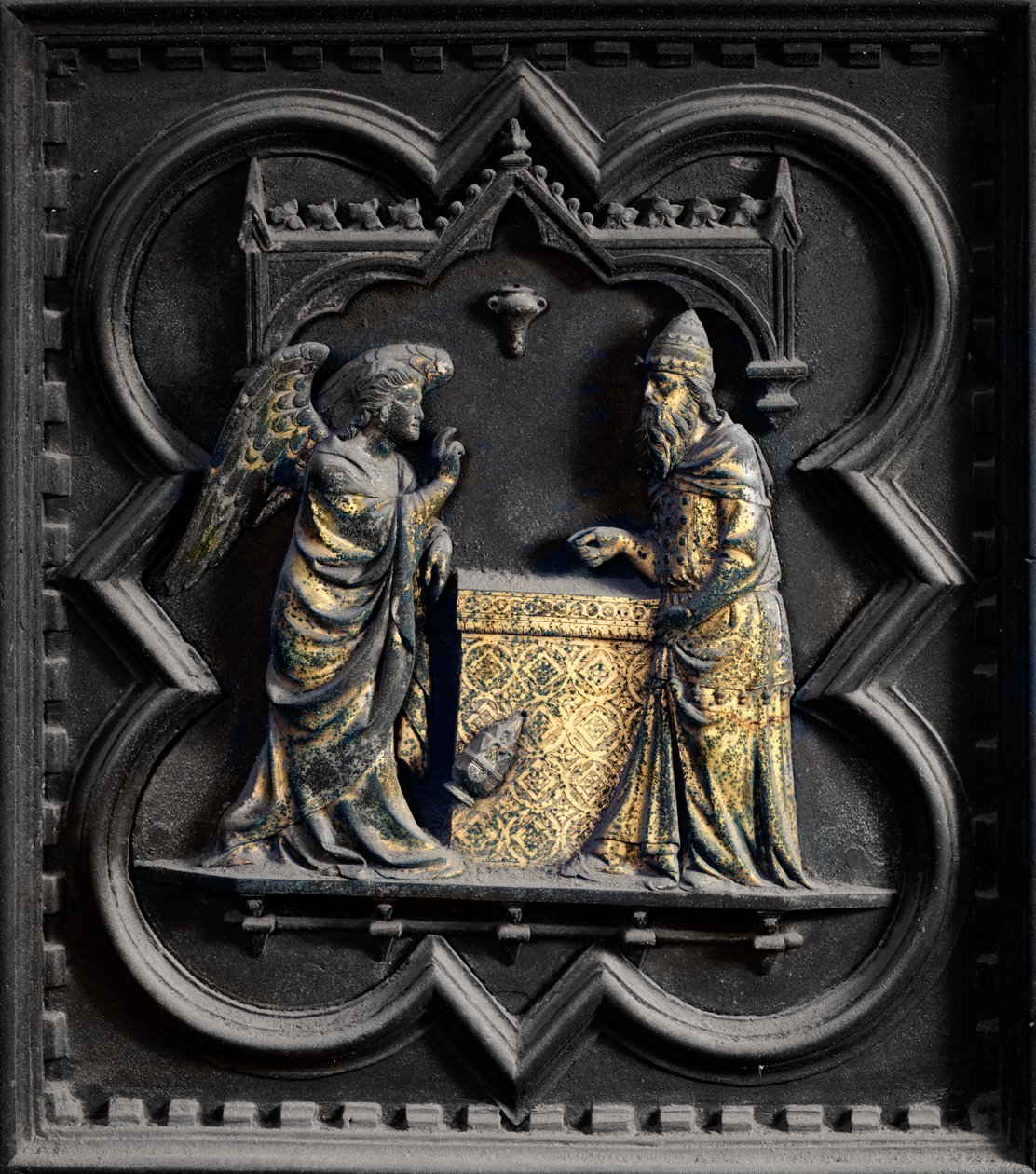 Englen meddeler Zakarias, første panel i den sydlige dør i San Giovanni-døbefonten, 1336 (bronze) af Andrea Pisano
