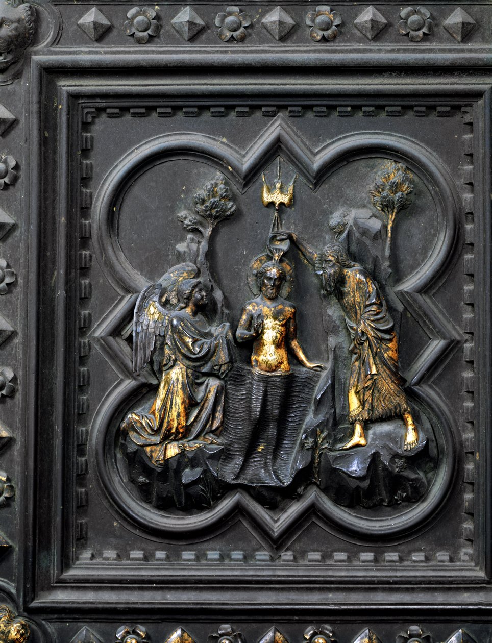 The Baptism of Christ af Sankt Johannes Døberen, tiende panel af syddørene til dåbskapellet San Giovanni, 1336 (bronze) af Andrea Pisano