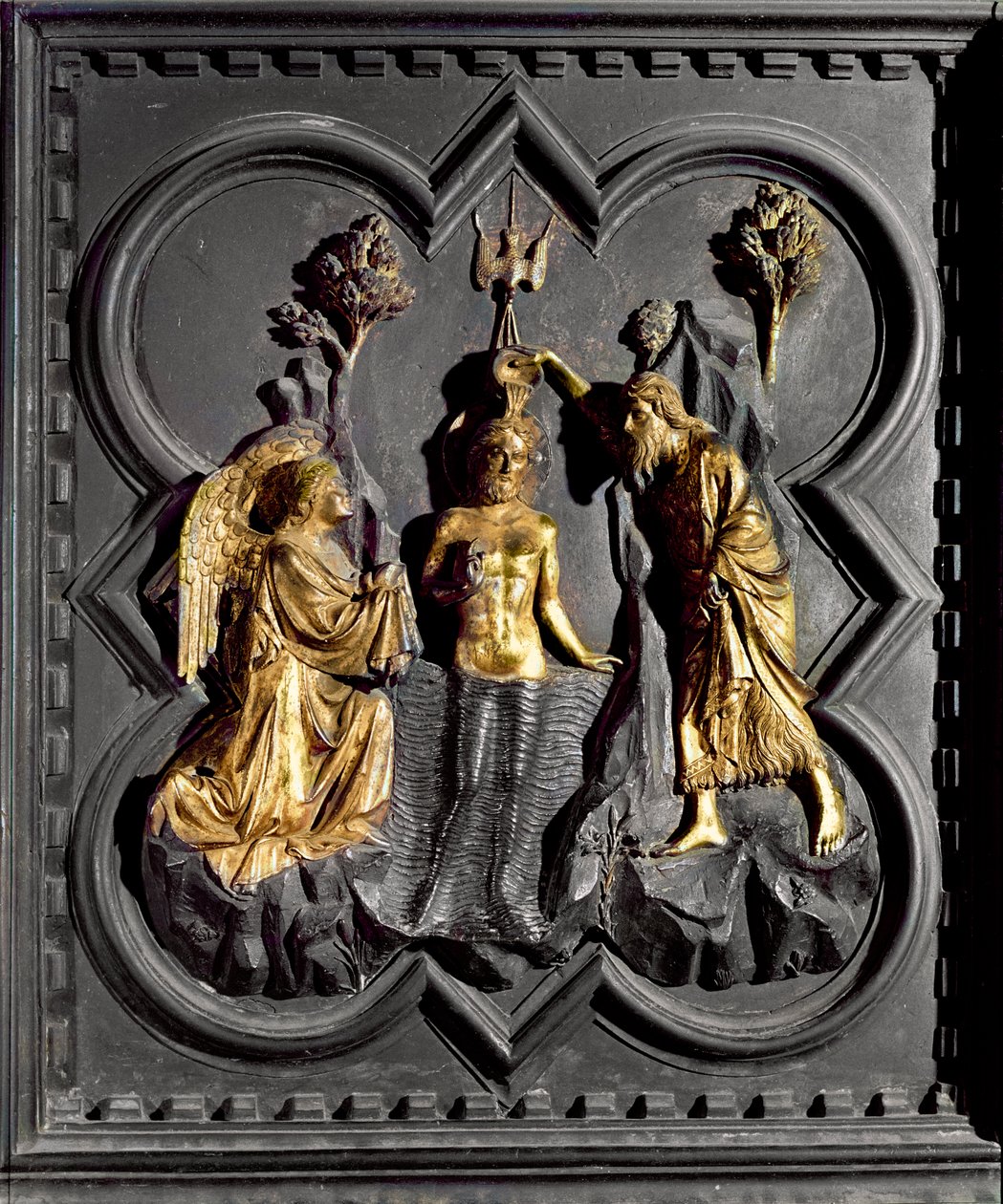 The Baptism of Christ, panel fra dåbskirkens syddøre, der viser scener fra Johannes Døberens liv, 1336 (forgyldt bronze) af Andrea Pisano
