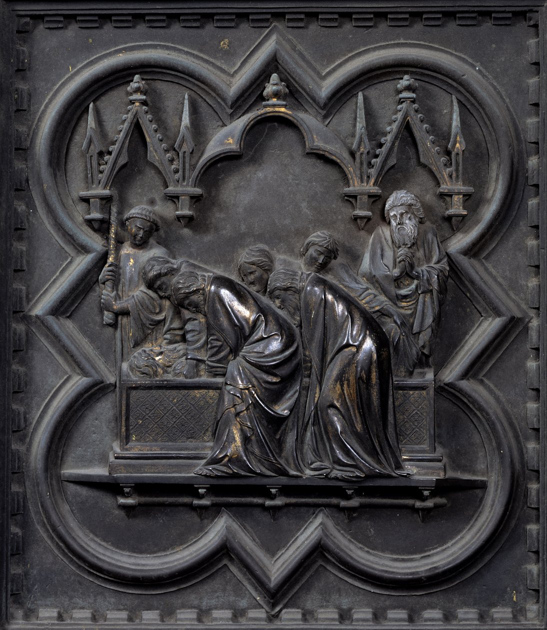Johannes Døberens begravelse, tyvende panel på syddørene i San Giovanni-døbefonten, 1336 (bronze) af Andrea Pisano