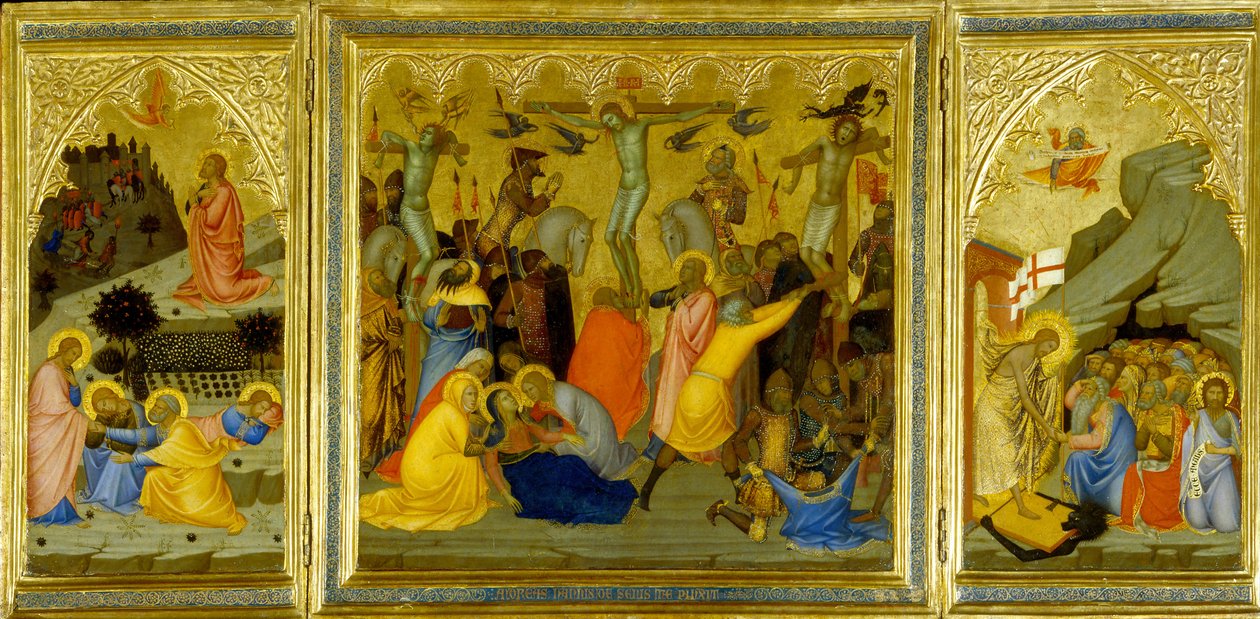 A Triptykon: Agony in the Garden, The Crucifixion, and the Raising the Patriarchs and Prophets from the Dead (æg tempera og bladguld på træpanel) af Andrea Vanni