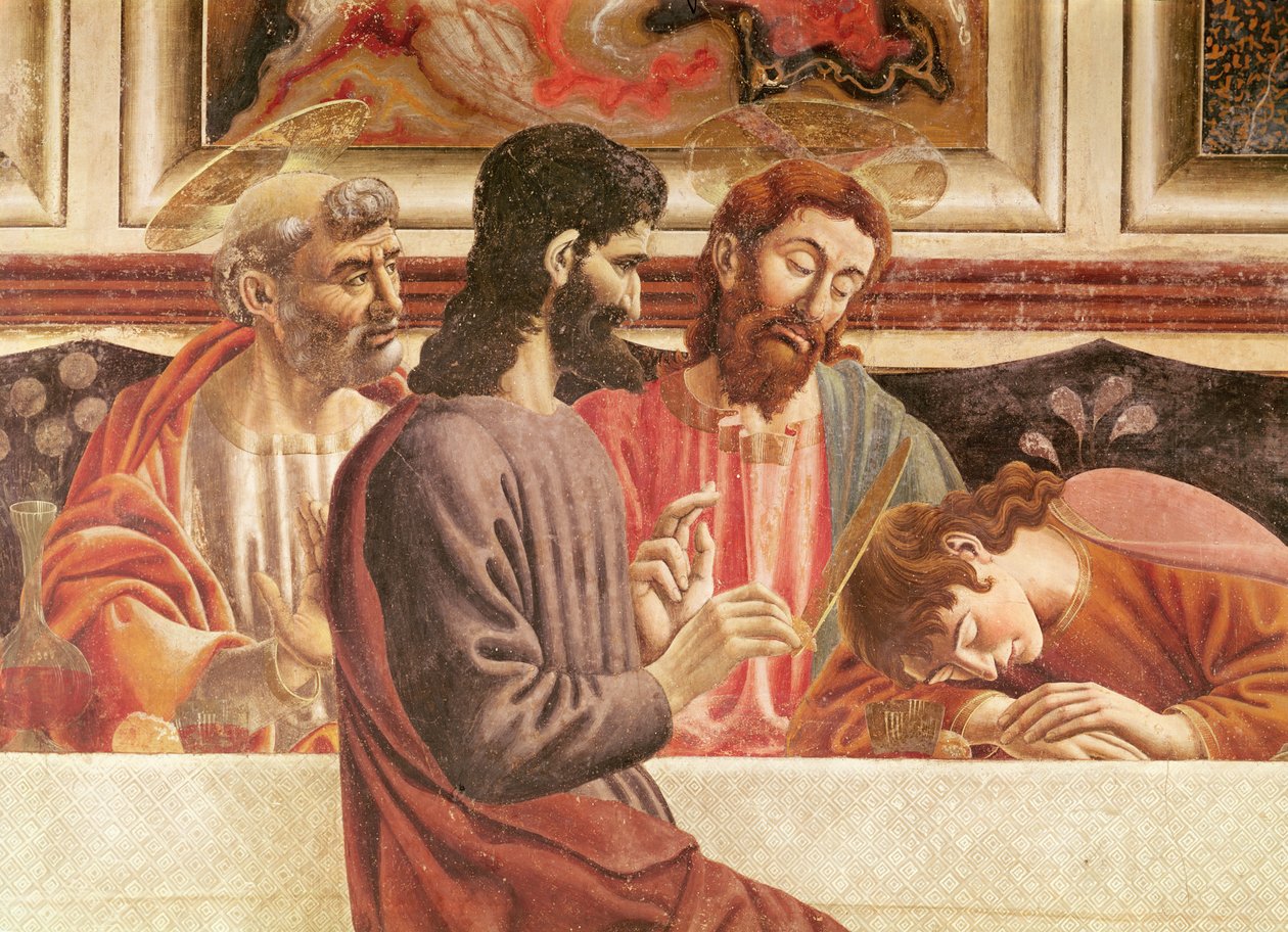 Den sidste nadver, detalje af de hellige Johannes og Peter, Kristus og Judas, 1447 (detalje af 85172) af Andrea del Castagno