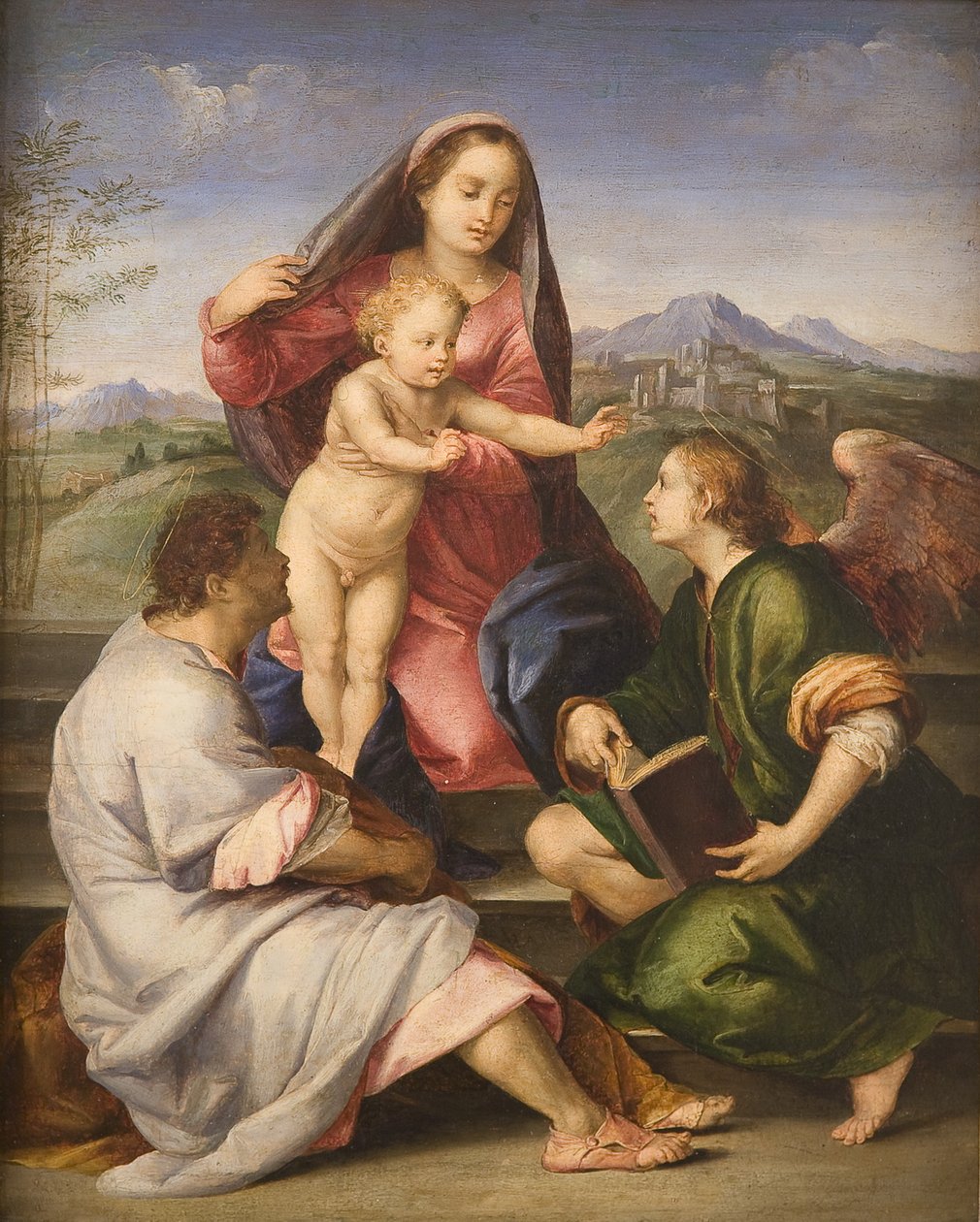 Madonna med barn, helgen og engel af Andrea del Sarto