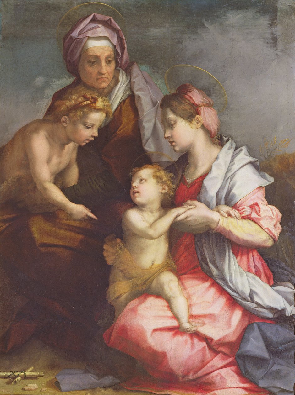 Madonna og barn med den hellige Elisabeth og det lille barn Johannes Døberen (panel) af Andrea del Sarto