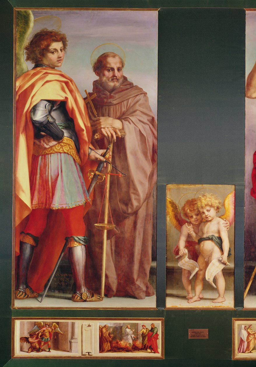 Polyptykon fra Vallombrosa Abbey, detalje på venstre side, der viser ærkeenglen Michael og Saint Benedict, 1528 (detalje af 50405) af Andrea del Sarto