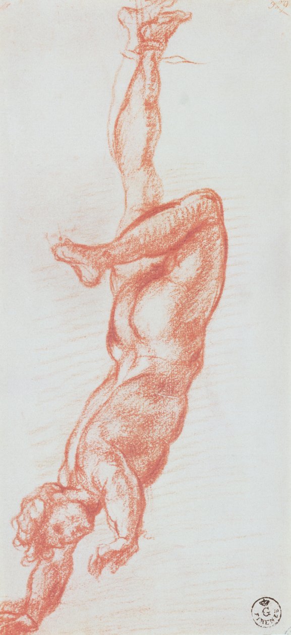 Studie af en mand nøgen ophængt i sit højre ben (kridt på papir) af Andrea del Sarto