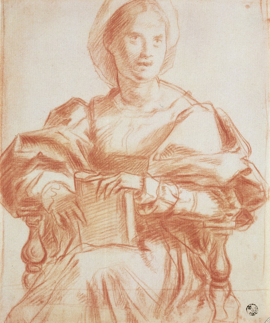 Studie af en siddende kvinde, der holder en bog (kridt på papir) af Andrea del Sarto