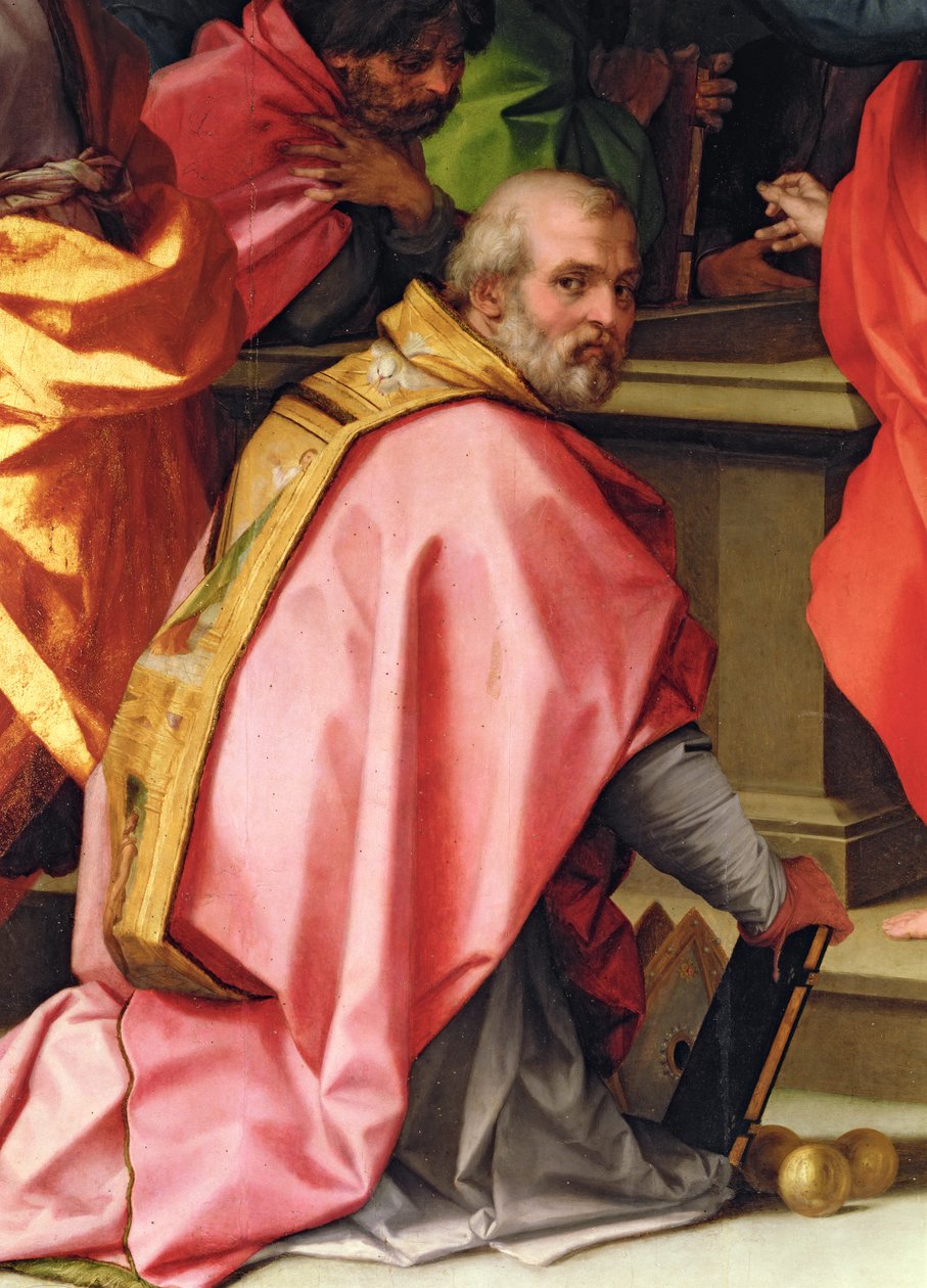 Marias himmelfart, detalje, der viser Skt. Nicholas af Myra med 3 gyldne kugler (altertavle) af Andrea del Sarto