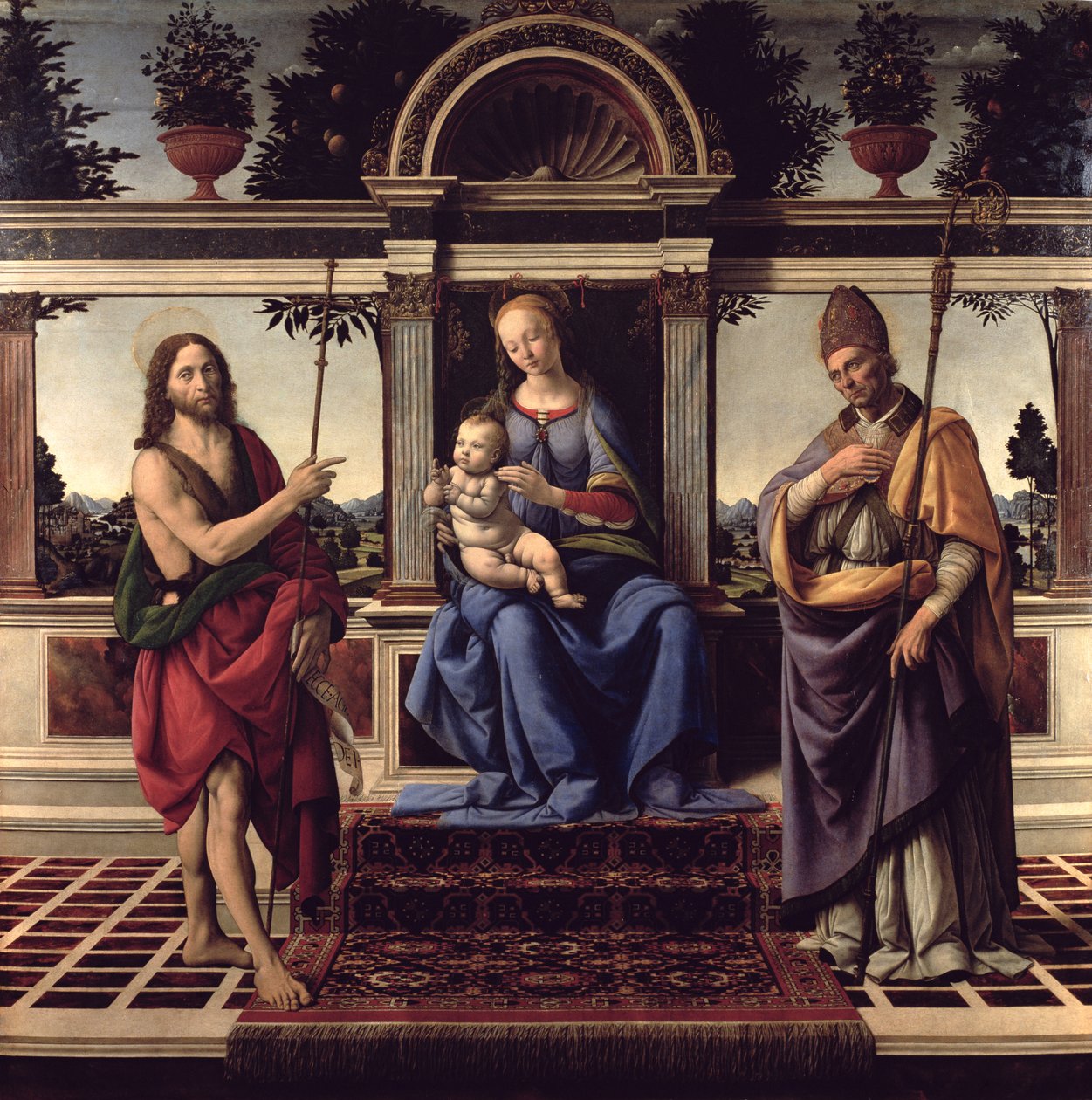 Madonna med de hellige Johannes Døberen og Donatus, ca. 1475-83 af Andrea del Verrocchio