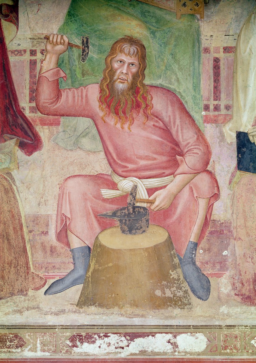 Allegorien om den aktive og triumferende kirke, detalje af et afsnit nederst til højre, der viser Tubal-cain, ca. 1366-68 af Andrea di Bonaiuto
