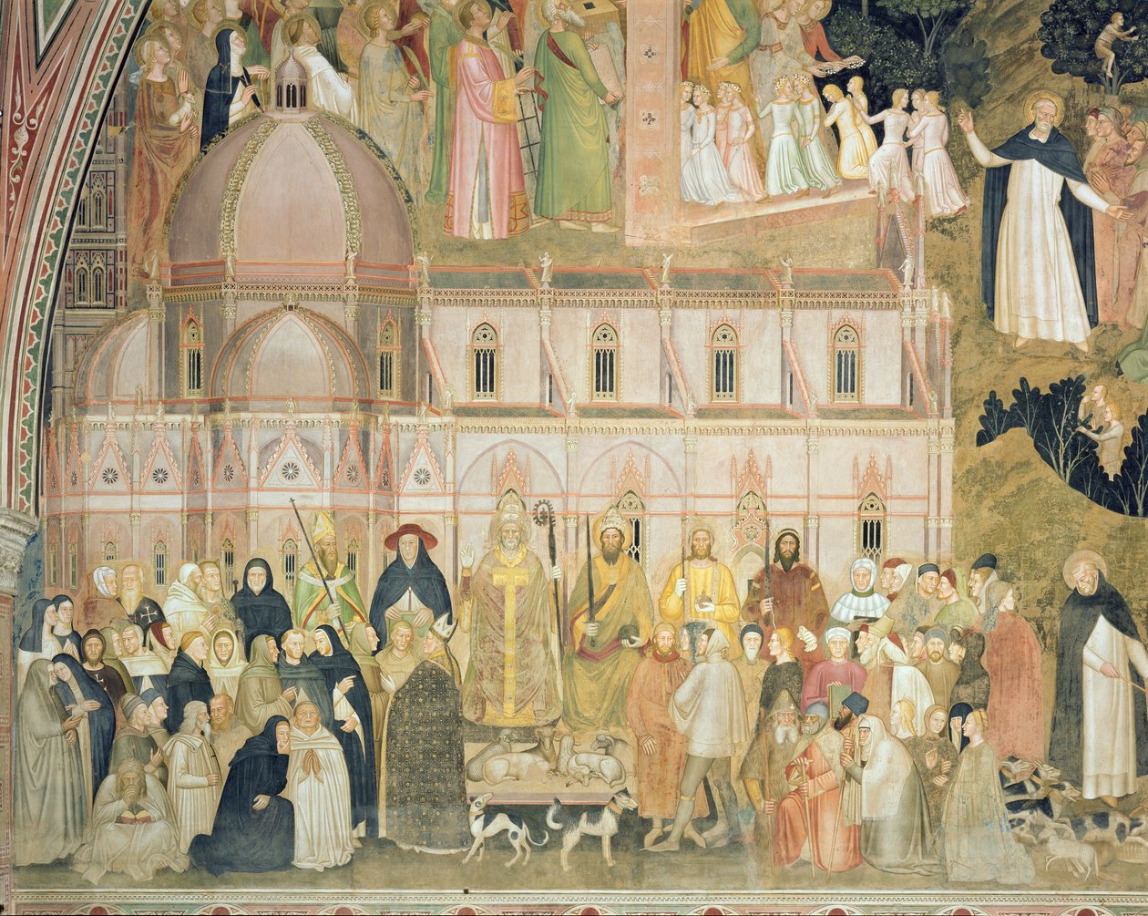 The Church Militant and Triumphant, detalje af de sekulære myndigheder med Santa Maria del Fiore i baggrunden, fra det spanske kapel, ca. 1369 freskodetalje af 31612 af Andrea di Bonaiuto