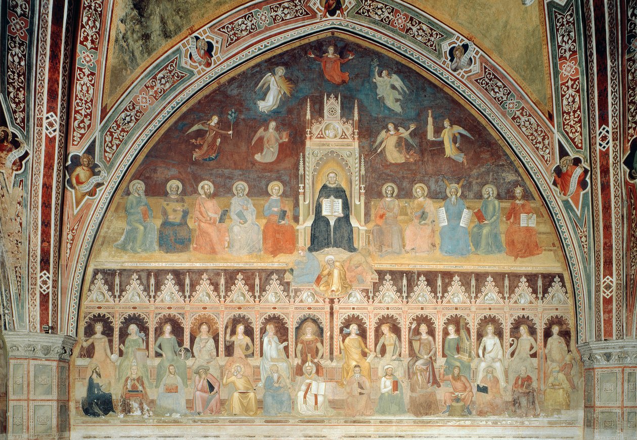 Den katolske doktrins triumf, personificeret i St. Thomas Aquinas, fra det spanske kapel, ca. 1365 af Andrea di Bonaiuto