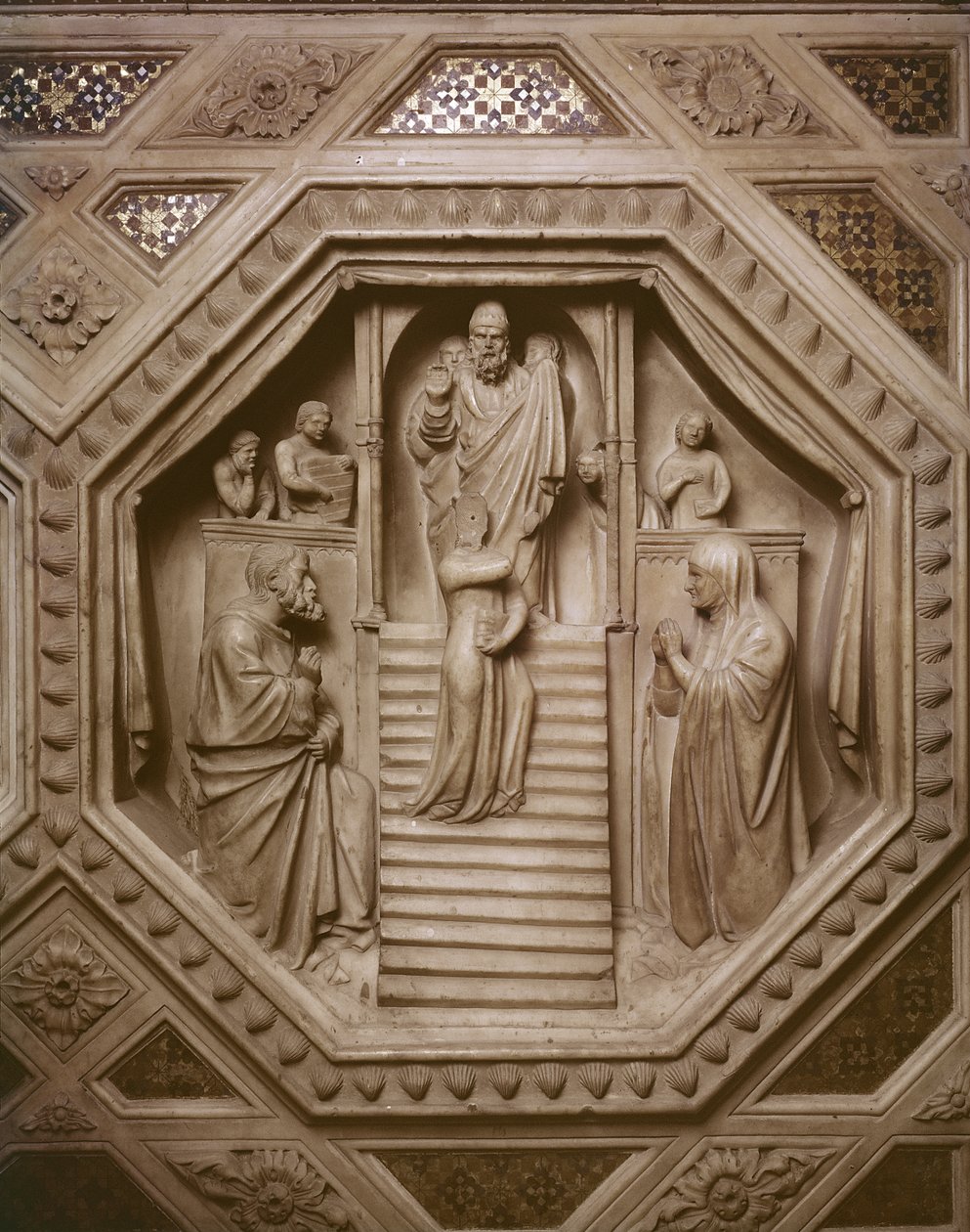 Præsentation af Jomfruen i templet, detalje fra Tabernaklets sokkel, 1349-59 (marmor) af Andrea di Cione Orcagna