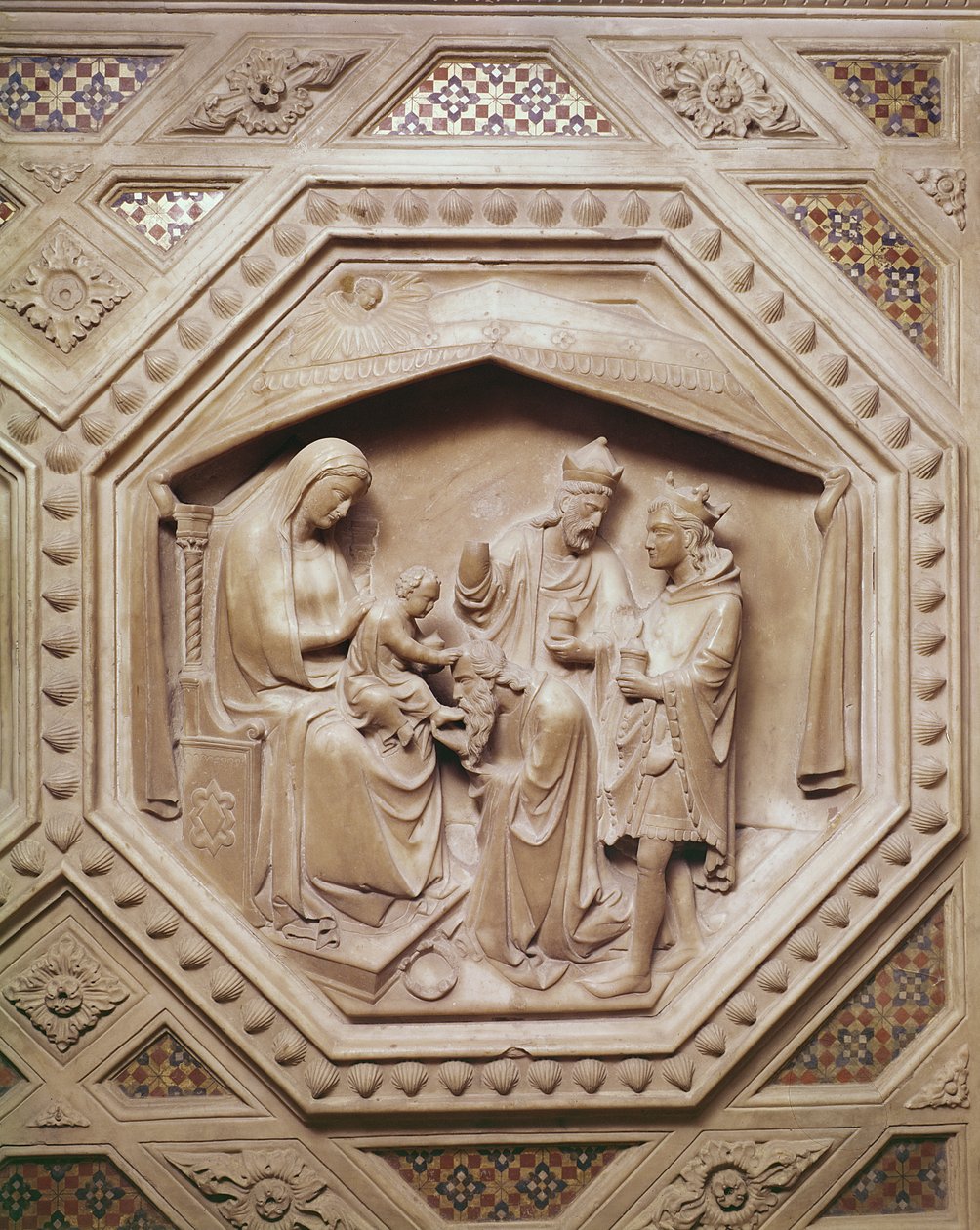 Magiernes tilbedelse, detalje fra bunden af Tabernaklet, 1349-59 (marmor) af Andrea di Cione Orcagna