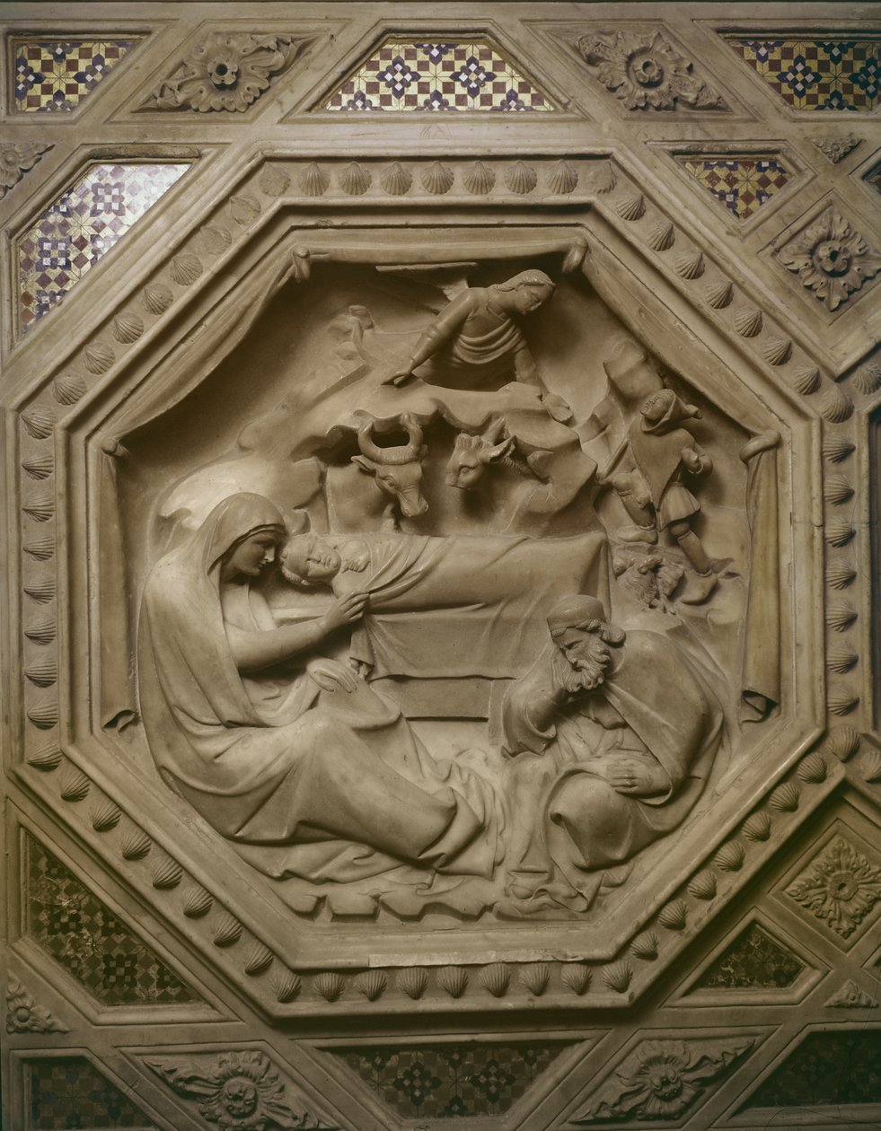 Magiernes tilbedelse, detalje fra bunden af Tabernaklet, 1349-59 (marmor) af Andrea di Cione Orcagna