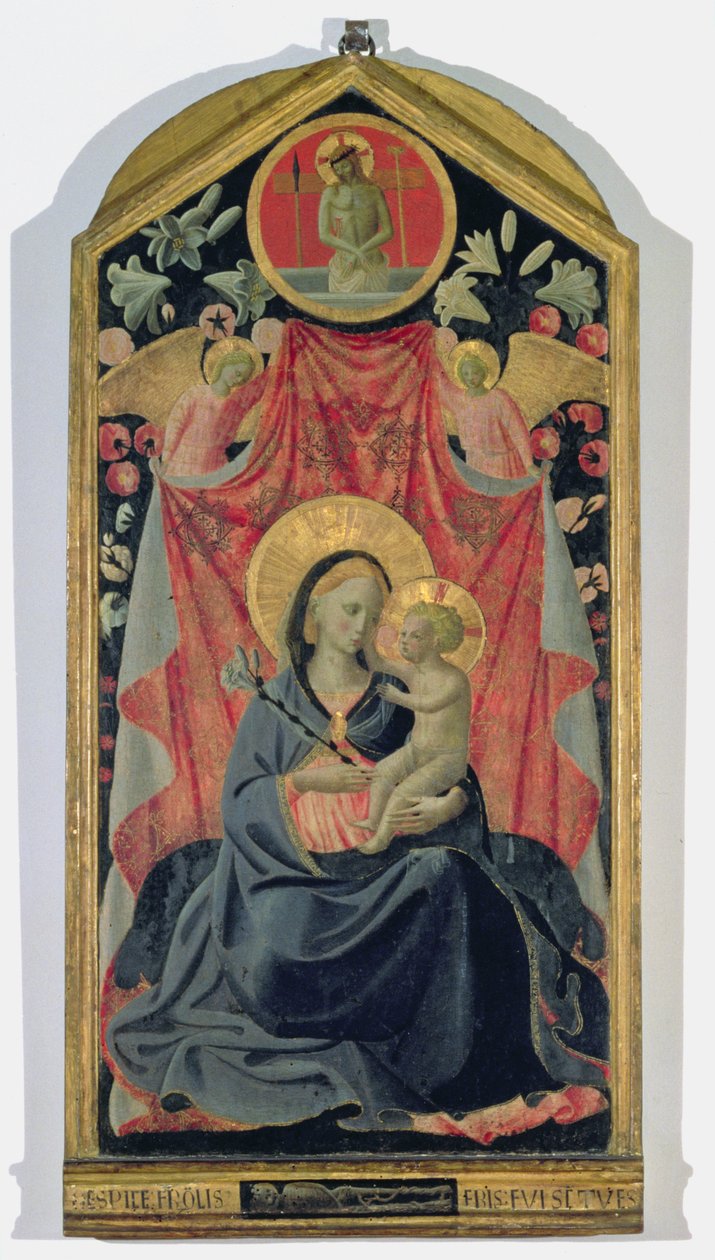Madonna og barn med to engle og Kristus rejste sig fra graven (tempera på panel) af Andrea di Giusto Manzini