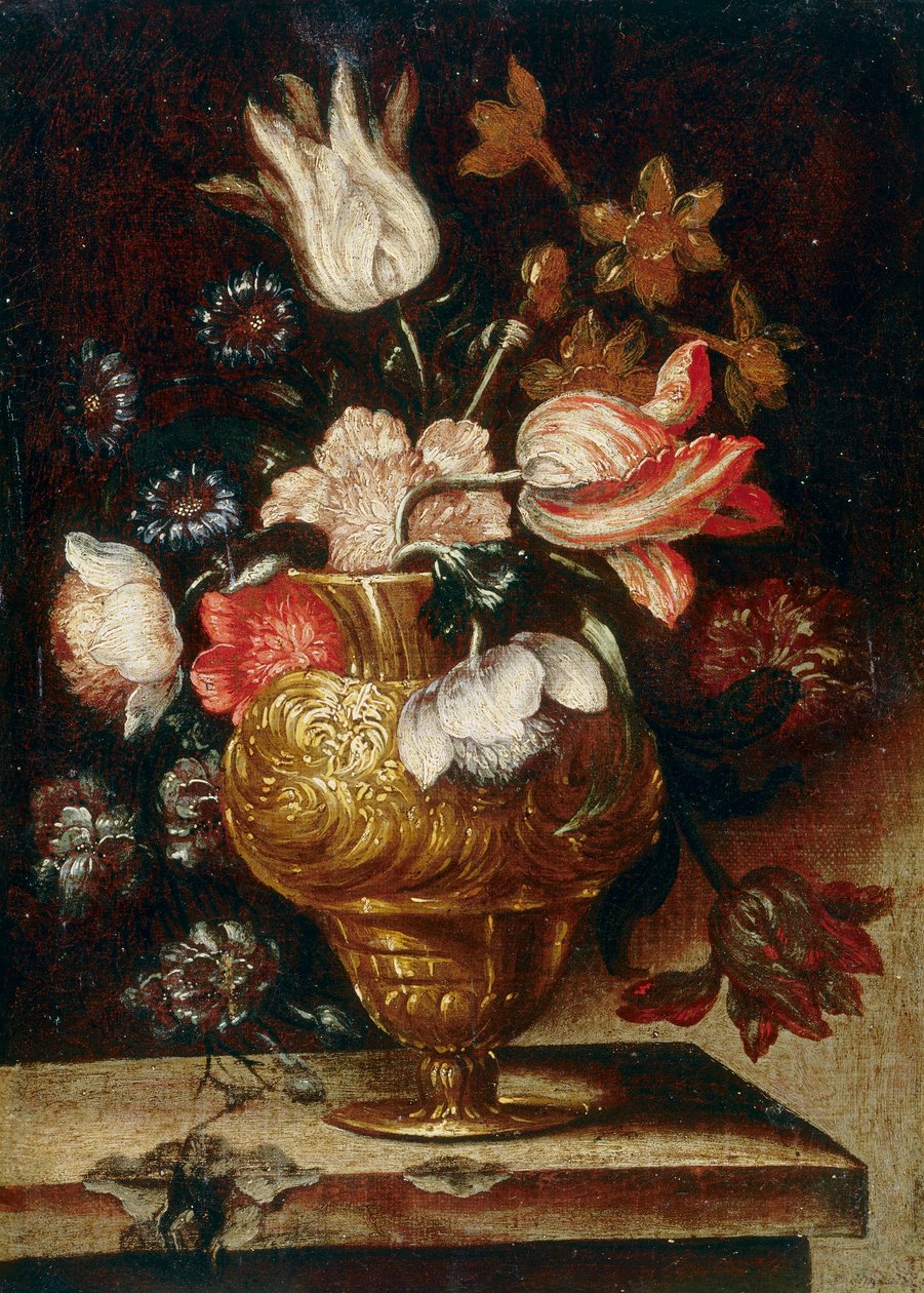 Metalvase med et bundt blomster af Andrea the Elder Scacciati