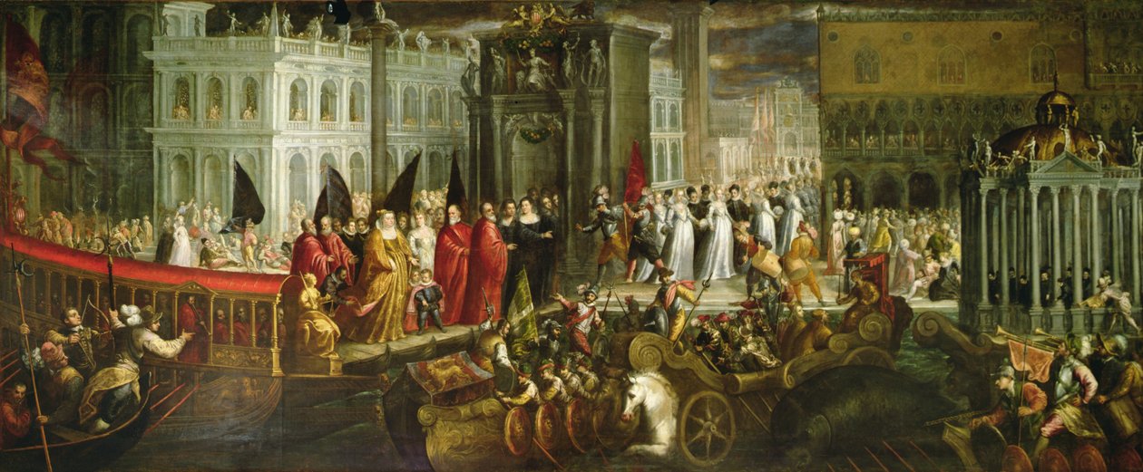 Ankomst af Dogaressa Morosina Morosini Grimani til hertugpaladset, Venedig, ca. 1600 (olie på lærred) af Andrea Vicentino