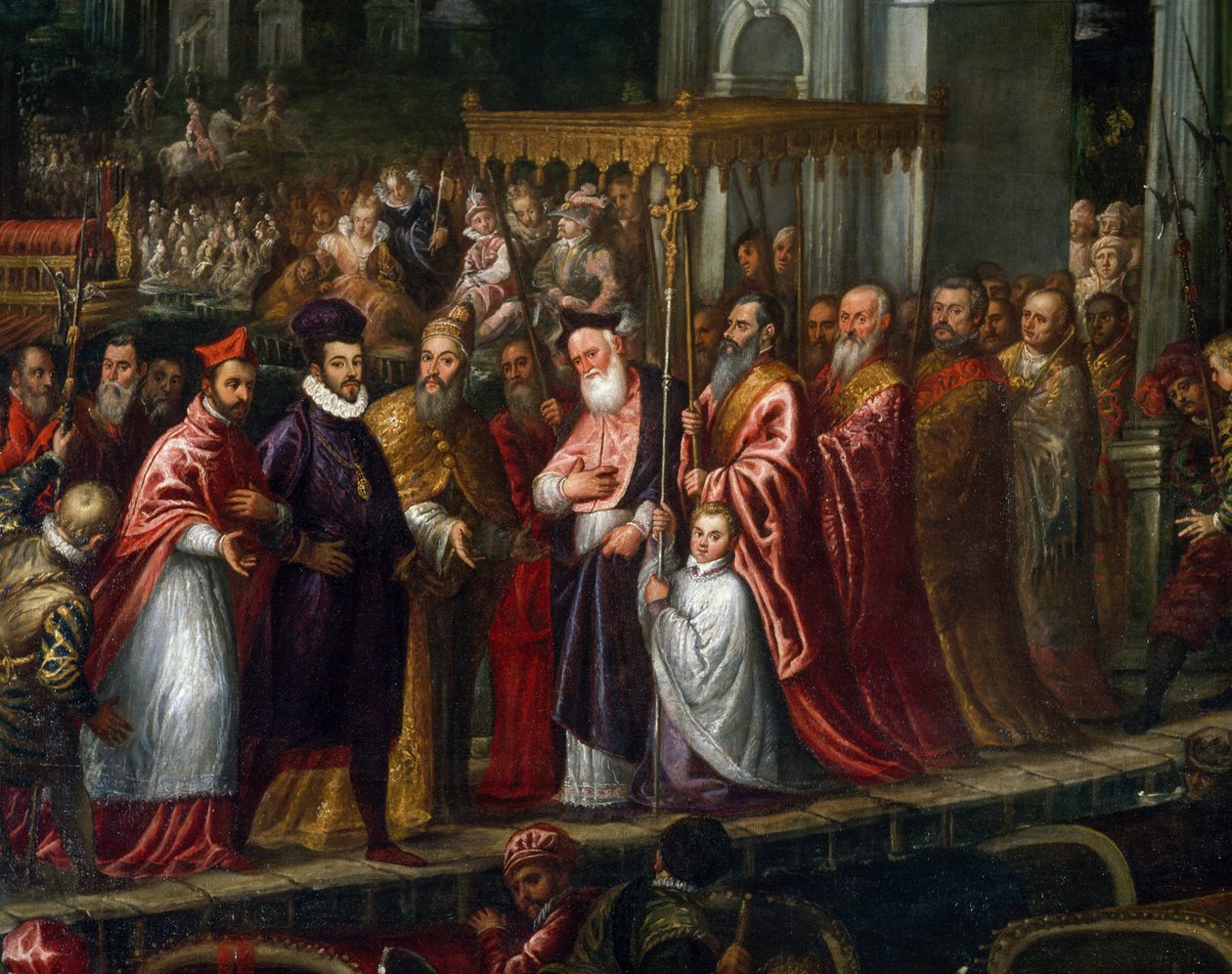 Doge Mocenigo og patriark Trevisan byder Henrik III velkommen til Lido i 1574 af Andrea Vicentino