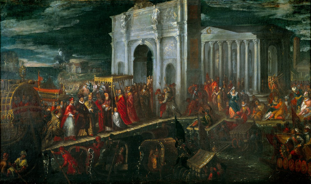 Modtagelse af hertugen af Anjou i San Nicolo di Lido i Venedig af Doge Mocenigo under hans rejse tilbage fra Polen til Frankrig, 28. juli af Andrea Vicentino