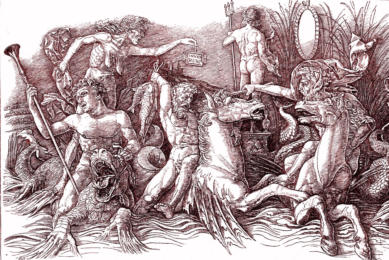 Merijumalien taistelu Andrea MANTEGNA (1431-1506) jälkeen. af Andrea (after) Mantegna