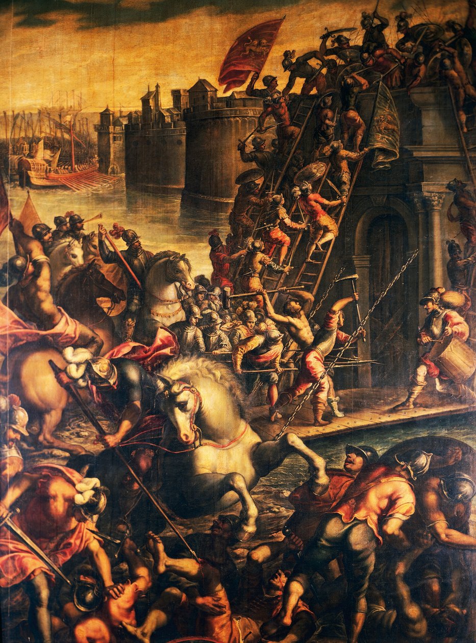 Doge af Venedig Enrico Dandolo og hans korsfarere stormer byen Zadar i 1202, olie på lærred af Andrea Michieli (cirka 1542-cirka 1617), Fjerde korstog, Kroatien af Andrea (c.1542 c.1617) Michieli