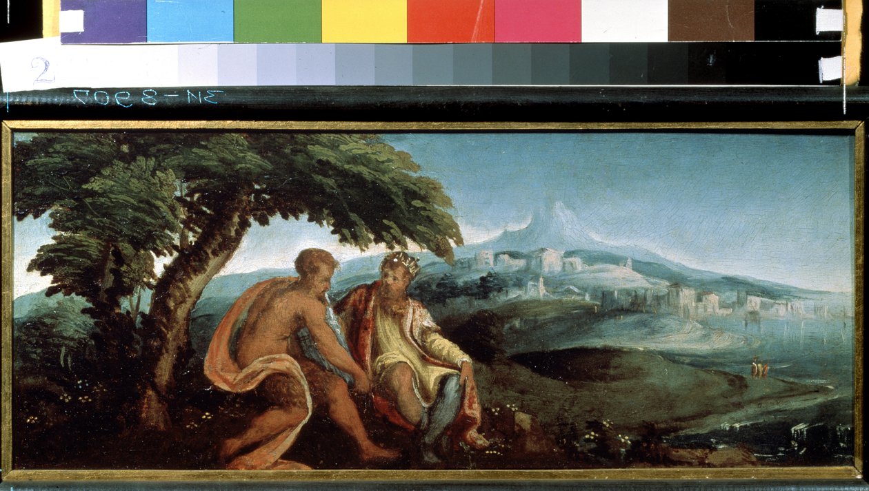 Kong Midas og Pan (Kong Midas og Pan). Maleri af Andrea Schiavone (cirka 1520-1582). Olie på lærred af Andrea Schiavone