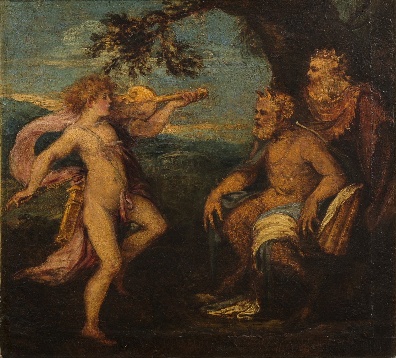 The Judgment of Midas (olie på træpanel) af Andrea Schiavone