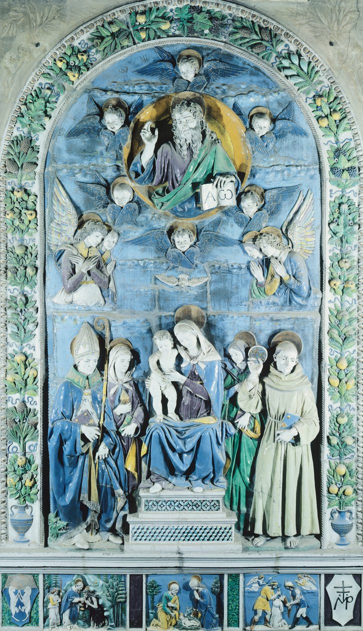 Madonna og barn med fire helgener, i Italien, Arezzo, katedral (keramik) af Andrea (workshop of) Della Robbia