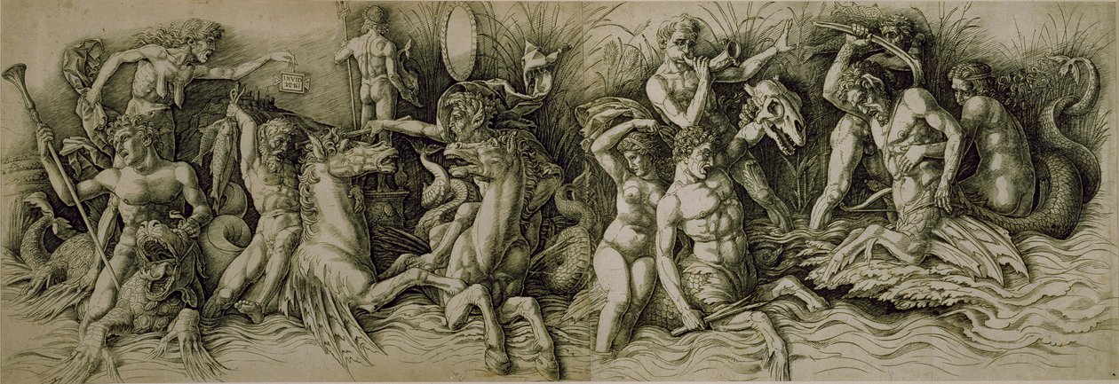 Battle of the Sea Gods (pen og brunt blæk på papir) af Andrea (workshop of) Mantegna