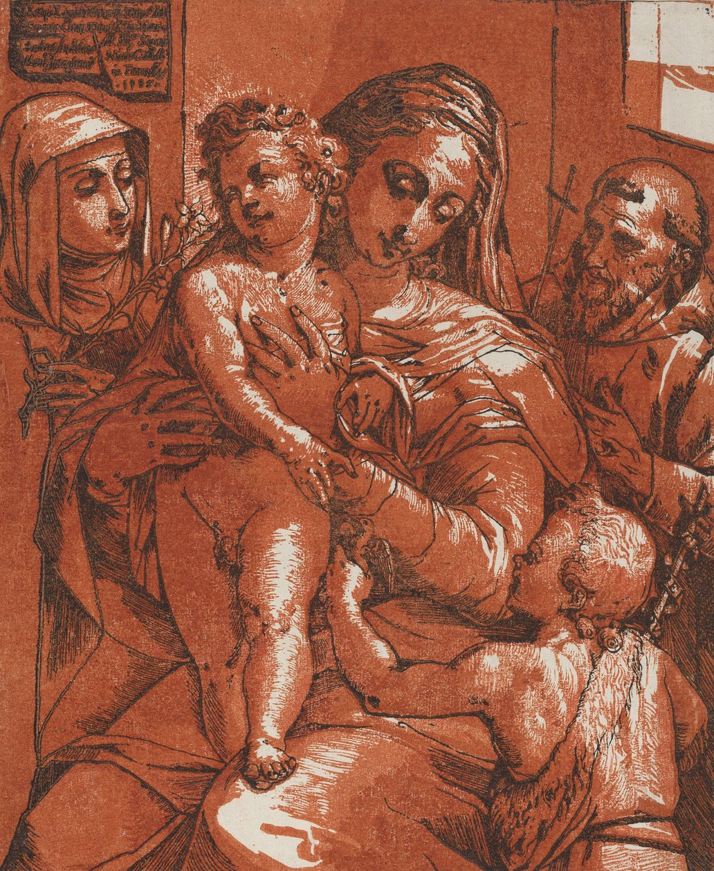 Madonna og barn ledsaget af hellige, 1585. af Andrea Andreani